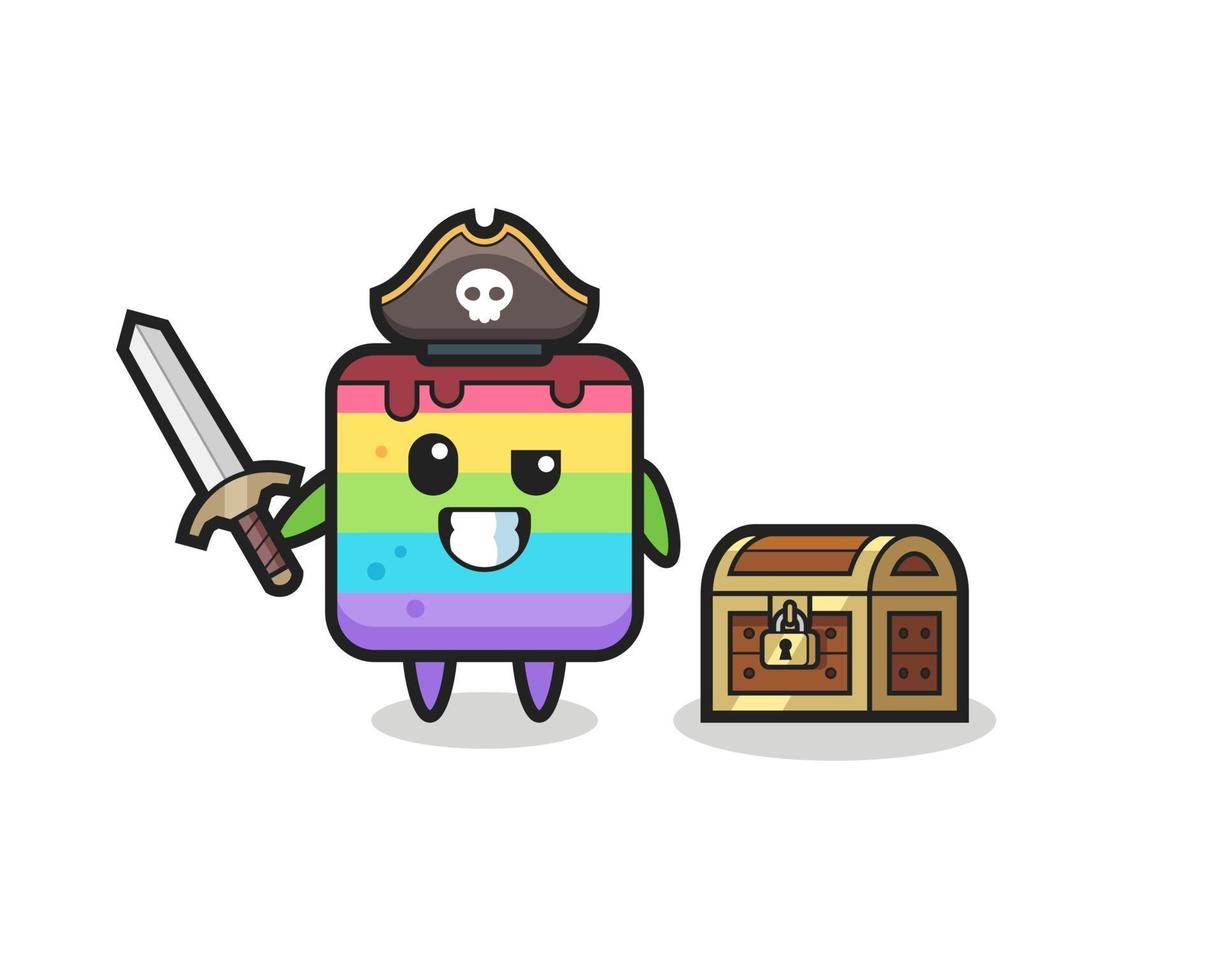 el personaje pirata de la torta del arco iris sosteniendo la espada al lado de un cofre del tesoro vector