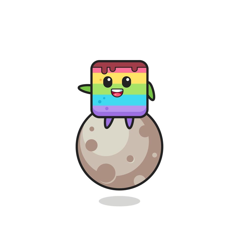 illustration of rainbow cake cartoon sitting on the moon vector