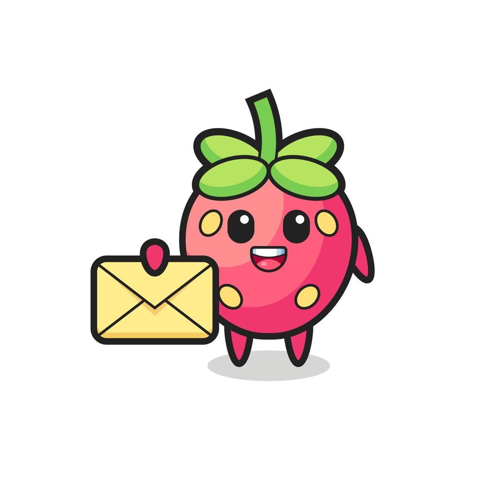cartoon illustration of strawberry holding a yellow letter vector