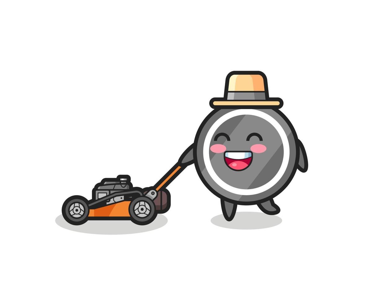 illustration of the hockey puck character using lawn mower vector