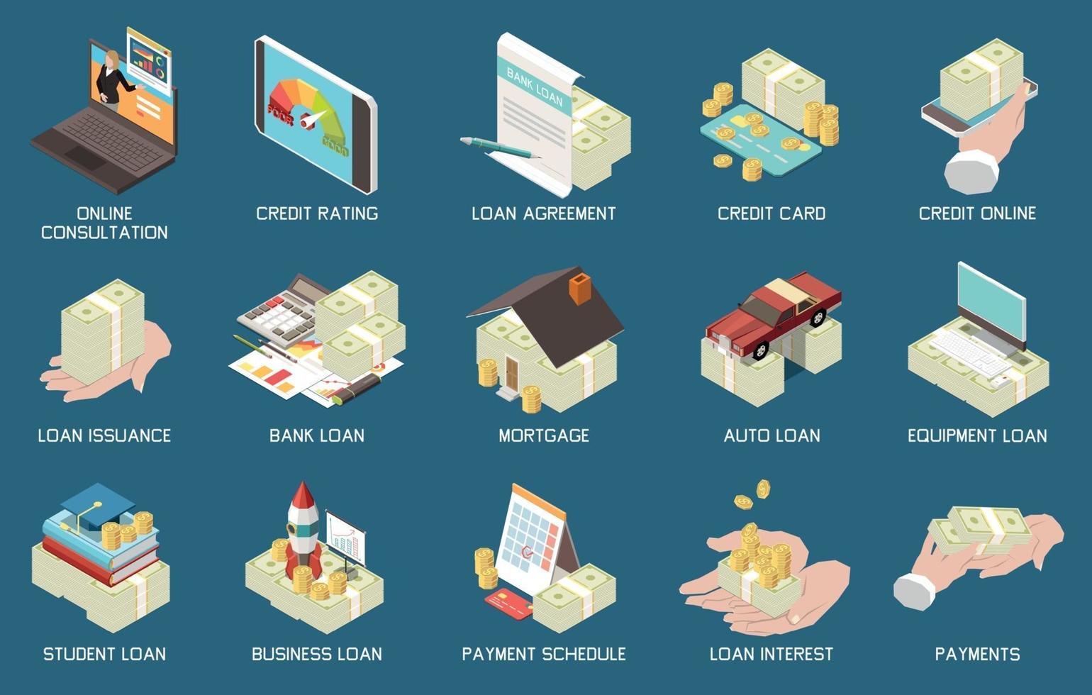 Bank Loan Credit Isometric Icons vector