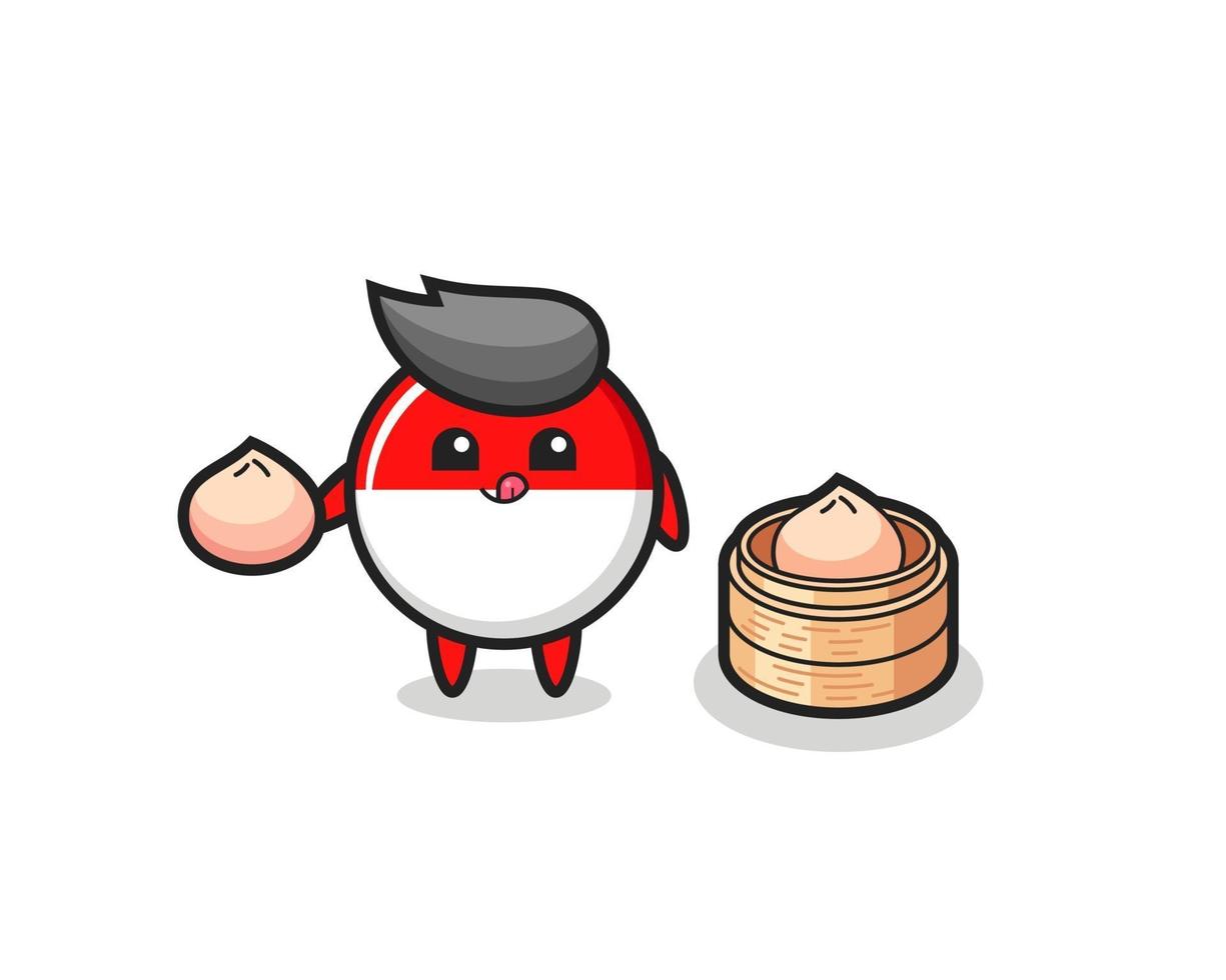 cute indonesia flag badge character eating steamed buns vector