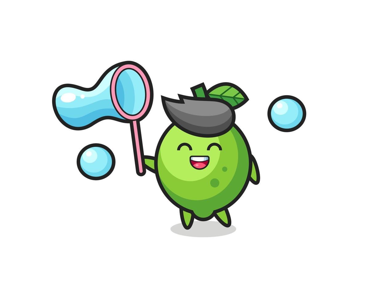 happy lime cartoon playing soap bubble vector