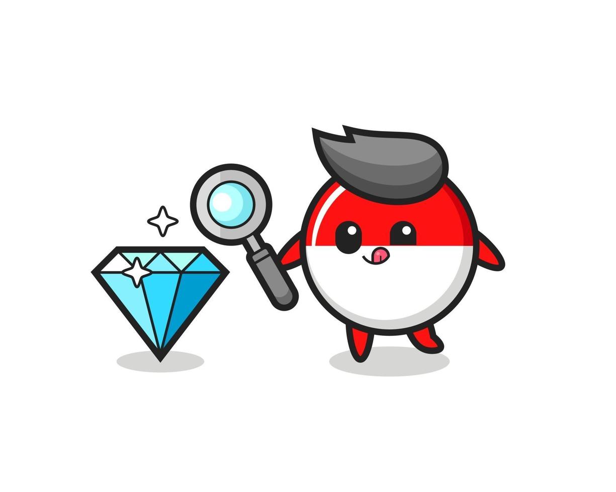 indonesia flag badge mascot is checking the authenticity of a diamond vector