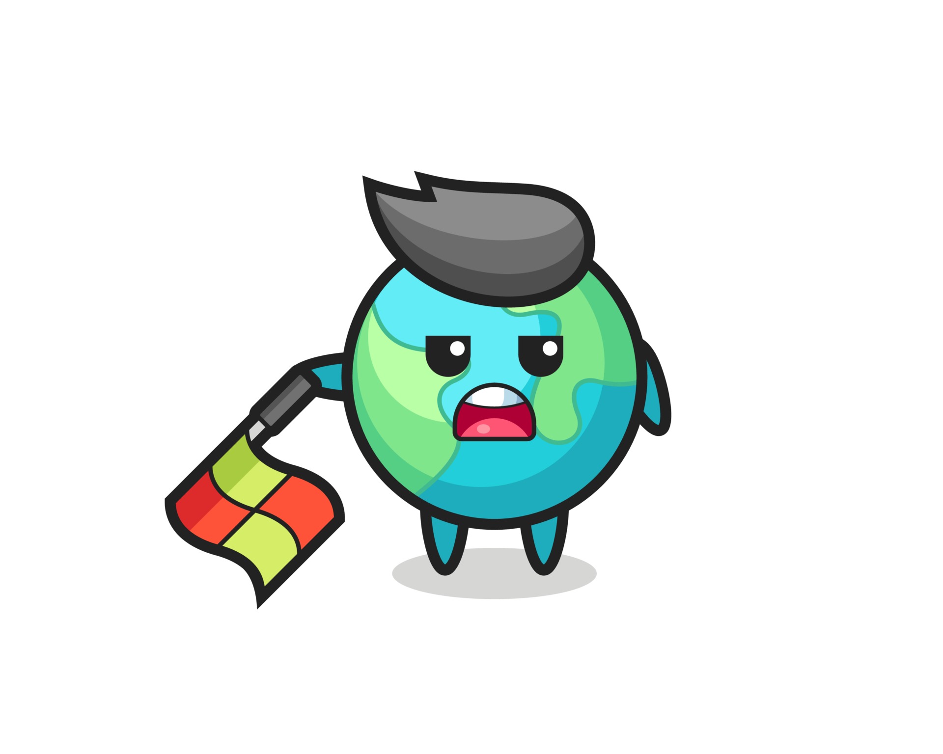 earth character as line judge hold the flag down at a 45 degree angle