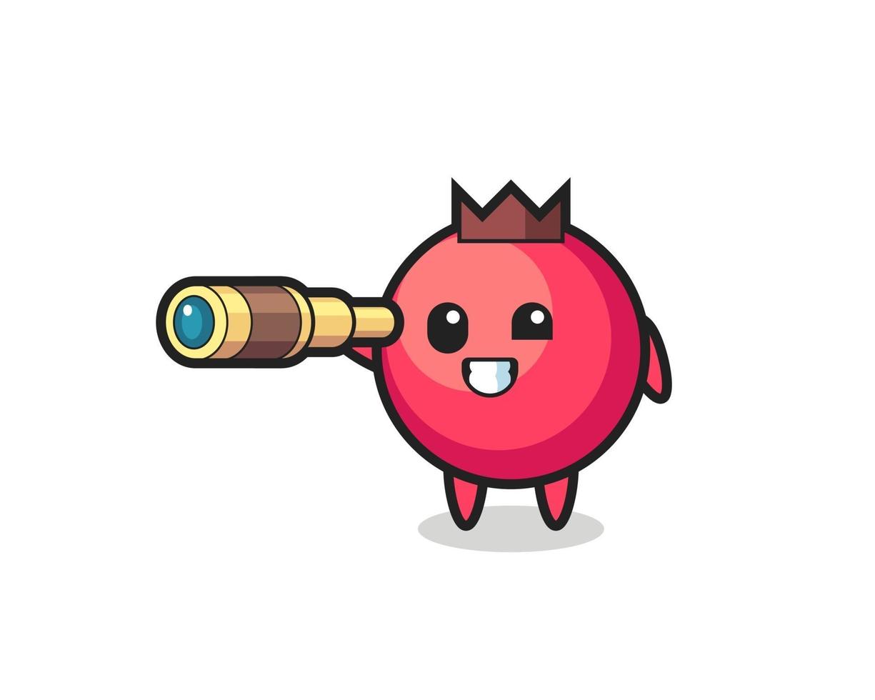 cute cranberry character is holding an old telescope vector