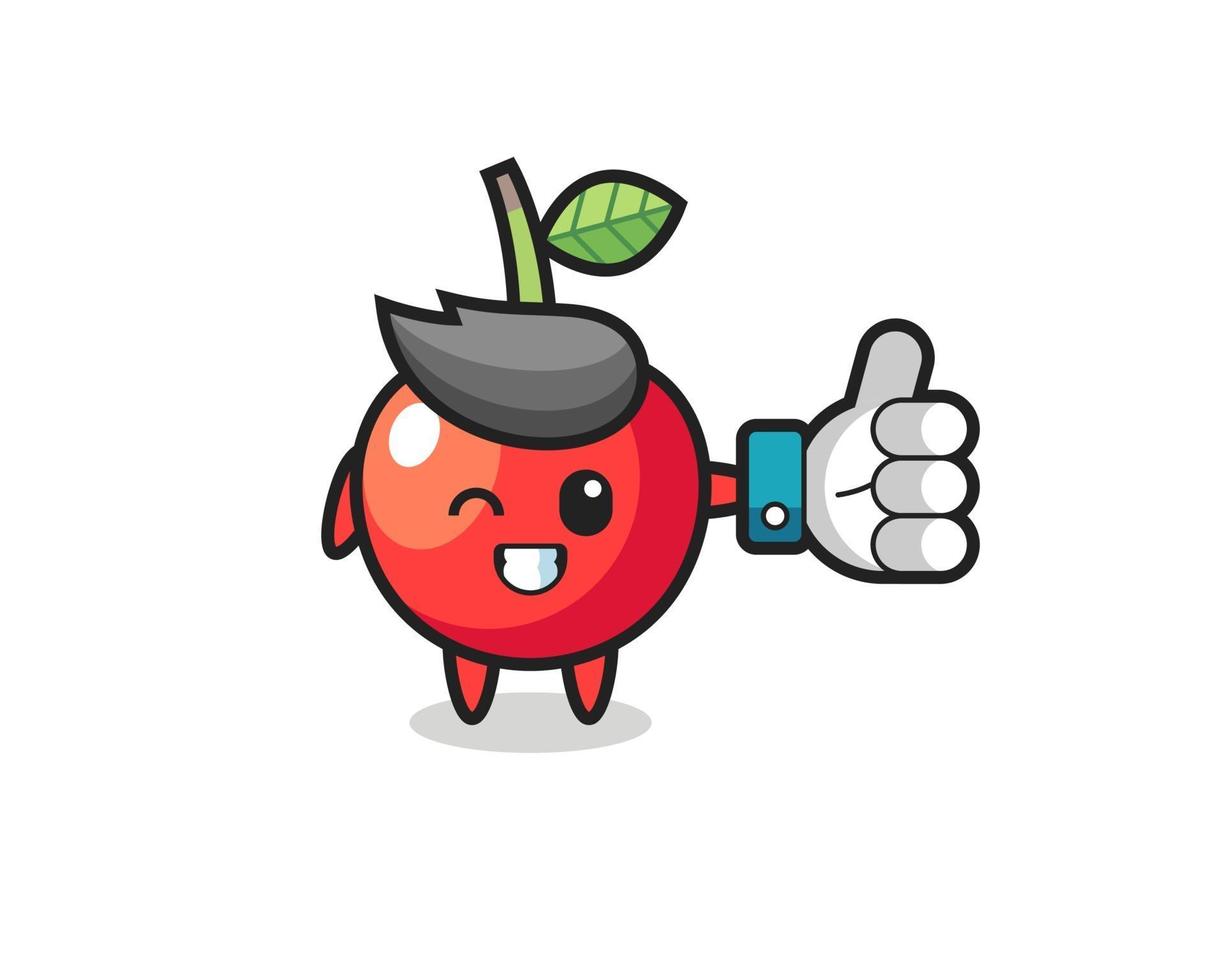cute cherry with social media thumbs up symbol vector