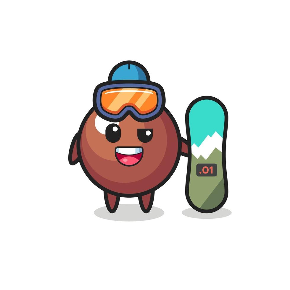 Ilustración de personaje de bola de chocolate con tabla de snowboard vector