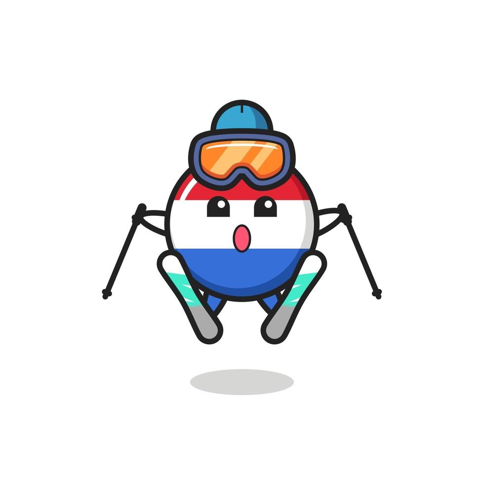 Insignia de la bandera de los Países Bajos, personaje de mascota como esquiador vector