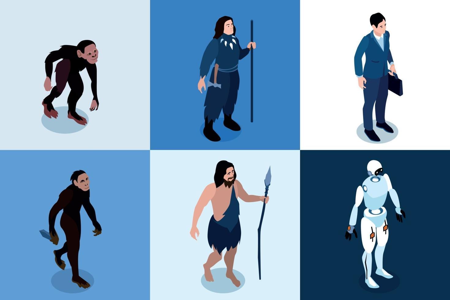 iconos cuadrados isométricos de la evolución humana vector