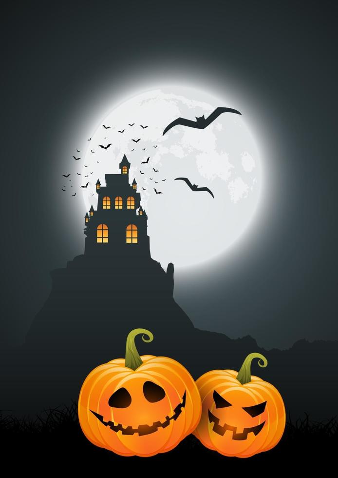 Halloween background with pumpkins and spooky castle landscape vector