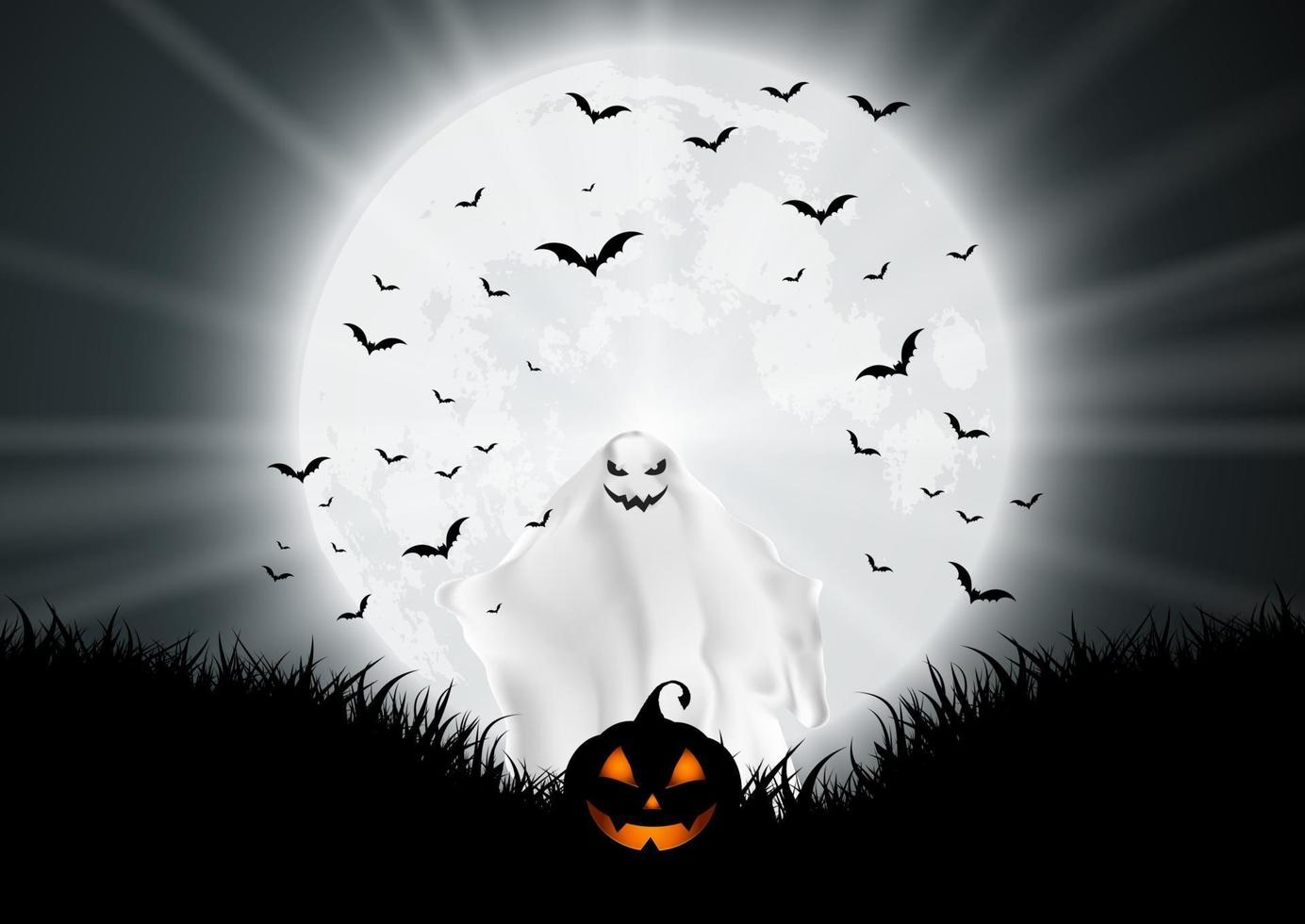 Halloween background with ghost and pumpkin in moonlit landscape vector