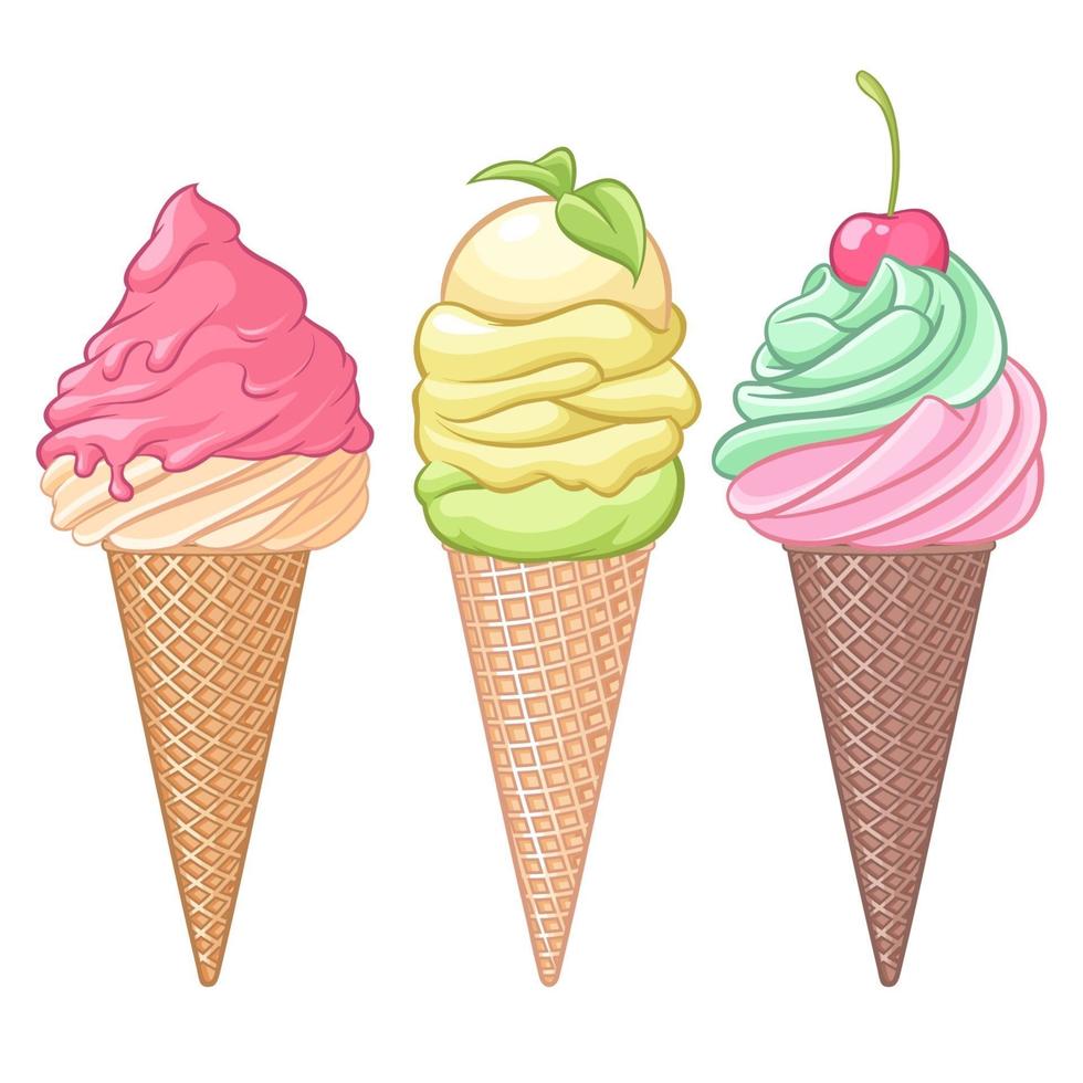 Conos de helado de varios sabores sobre fondo blanco. vector