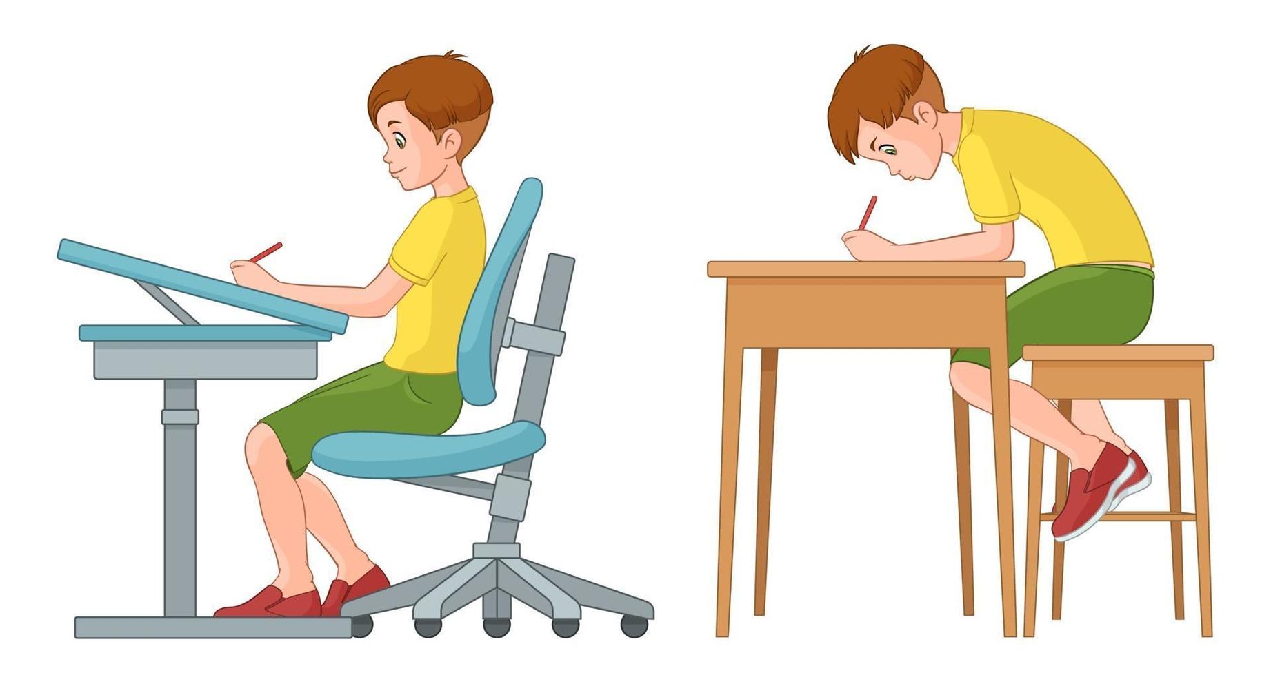 niño de escuela incorrecto y correcto sentado en la posición del escritorio vector