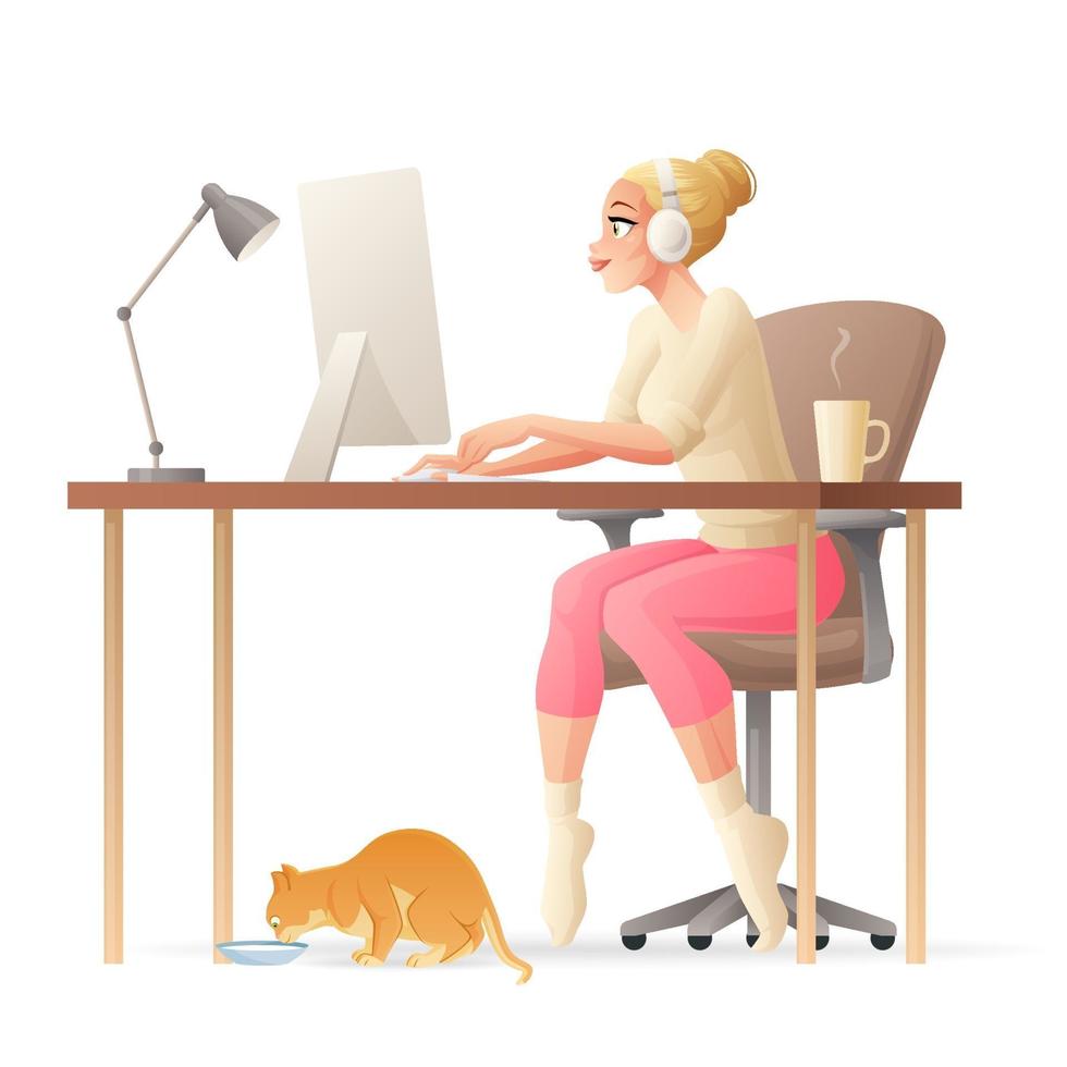 Woman working remotely at home office computer vector