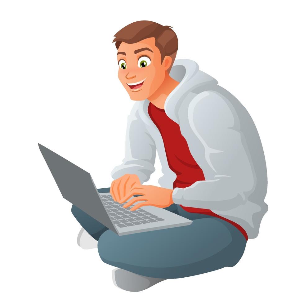 Young man with laptop sitting on floor vector illustration