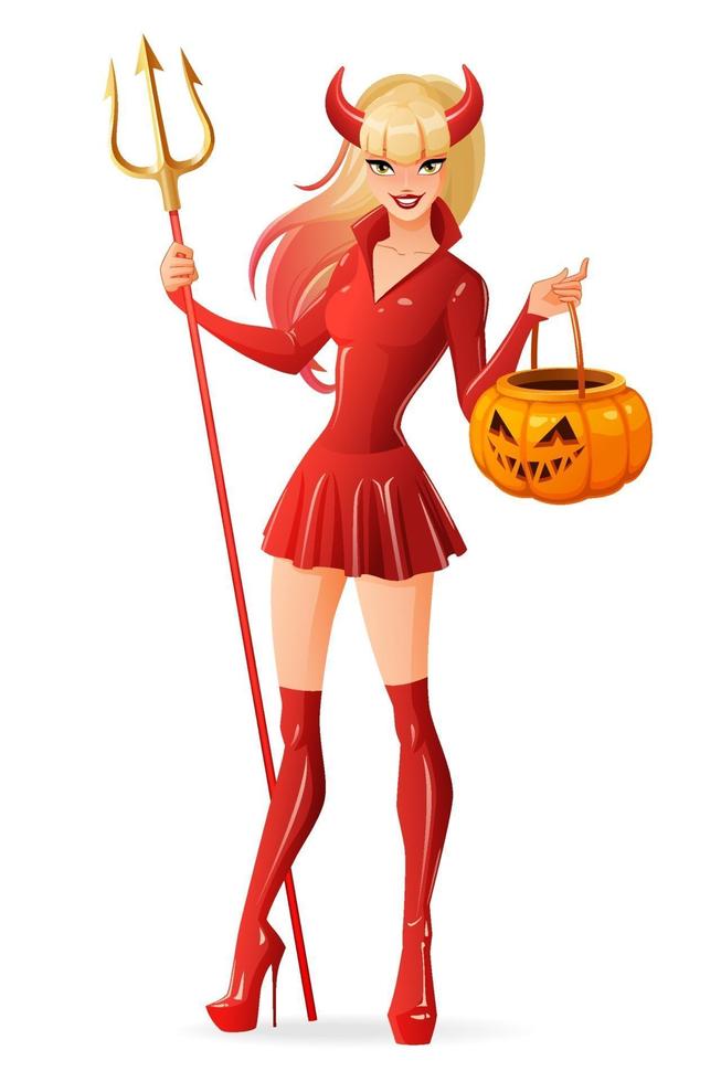 Mujer en traje de diablo de Halloween con ilustración de vector de calabaza