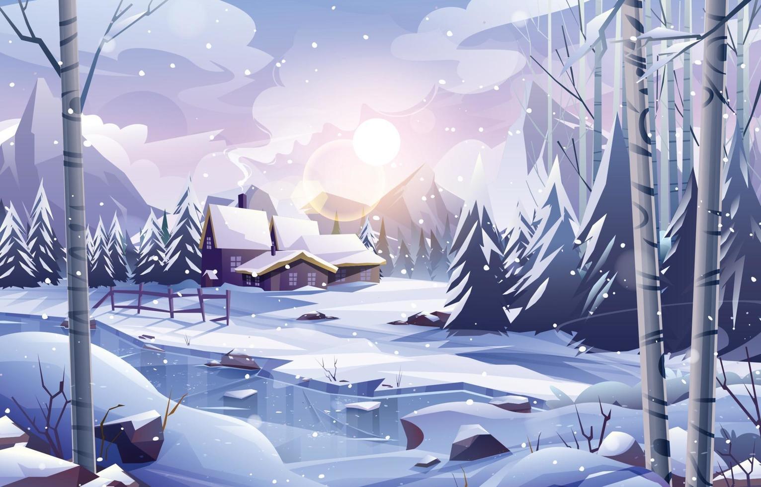 Village by The Frozen River in Winter Scenery vector