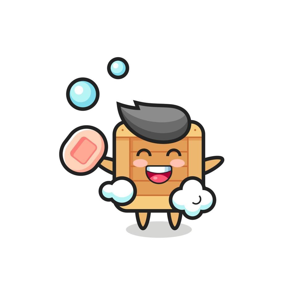 wooden box character is bathing while holding soap vector