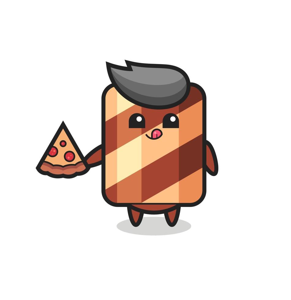 cute wafer roll cartoon eating pizza vector