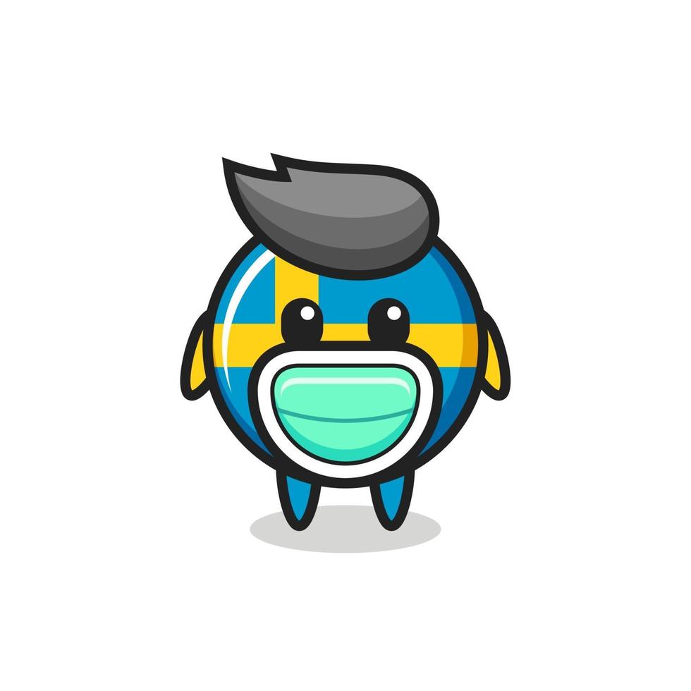 cute sweden flag badge cartoon wearing a mask vector