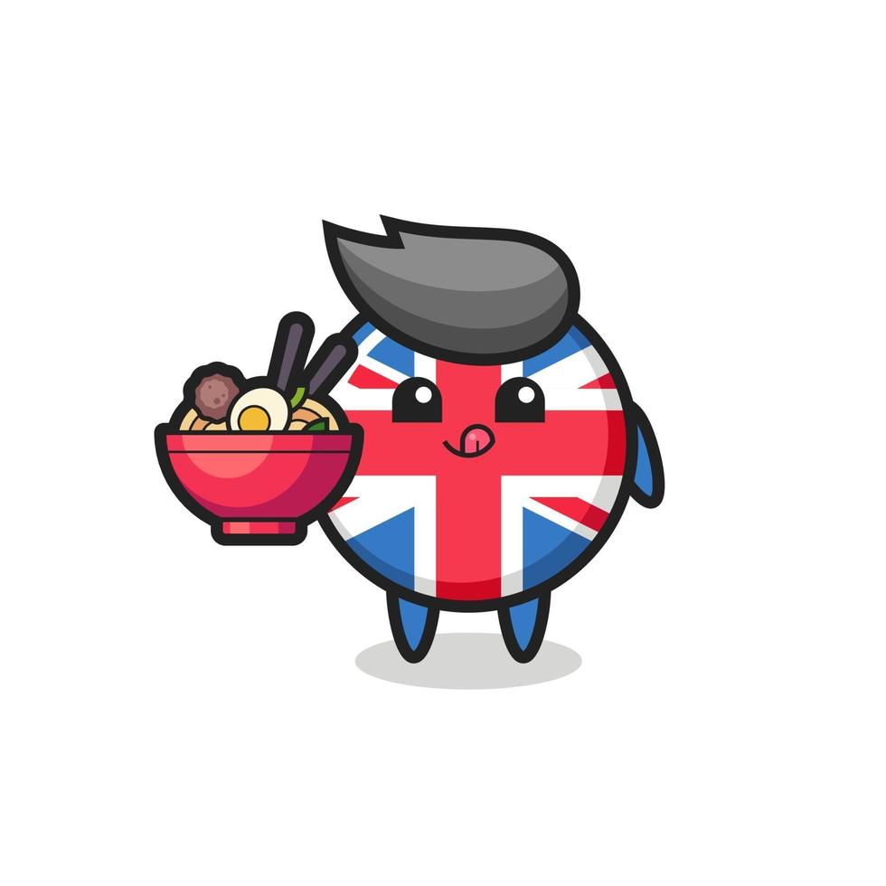 lindo personaje de insignia de la bandera del reino unido comiendo fideos vector