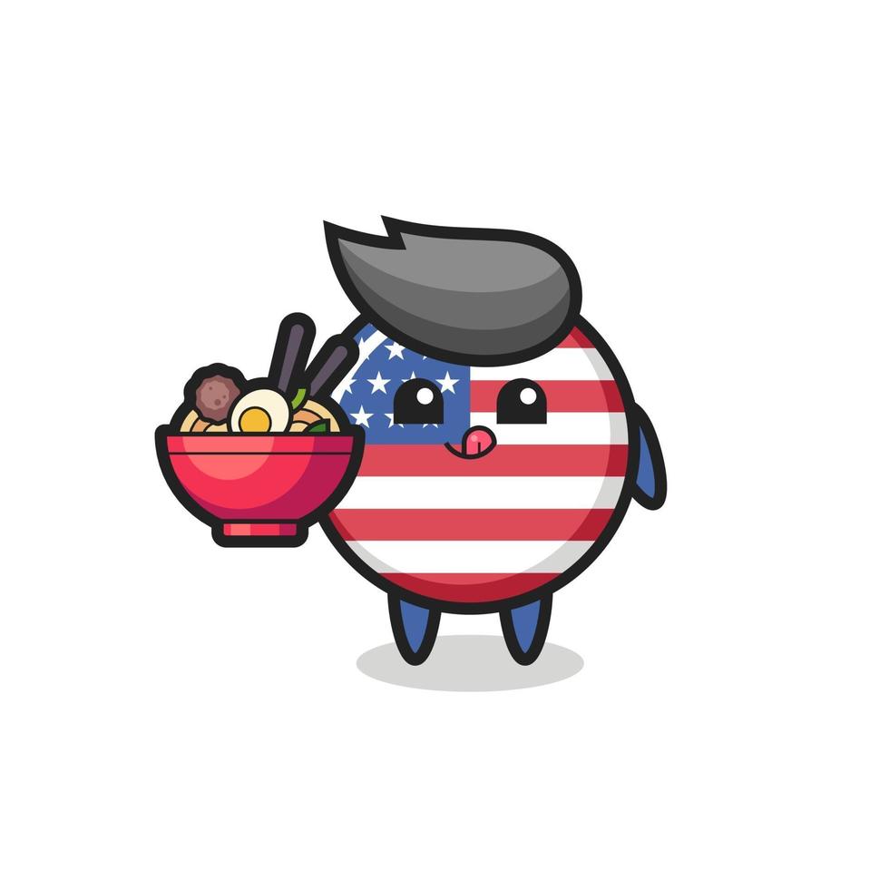 lindo personaje de la insignia de la bandera de los estados unidos comiendo fideos vector