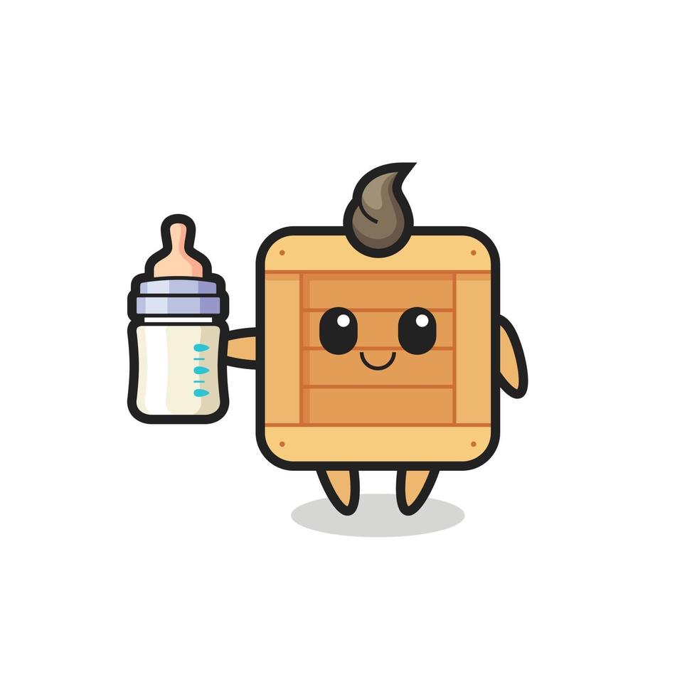 baby wooden box cartoon character with milk bottle vector