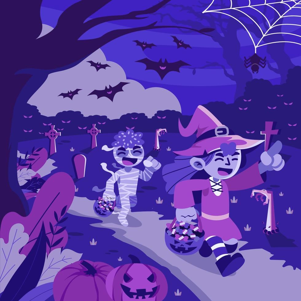 Kids Trick or Treating in Halloween Night vector