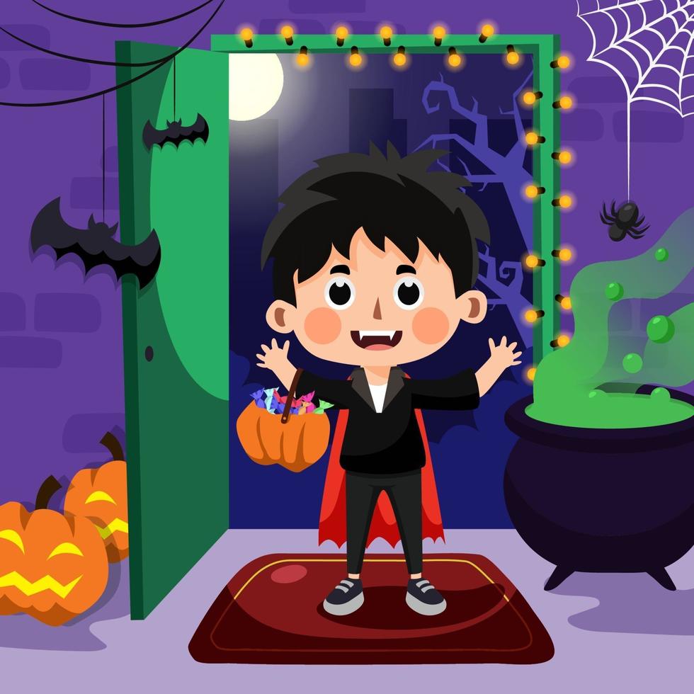 niño feliz celebra halloween con canasta llena de dulces vector