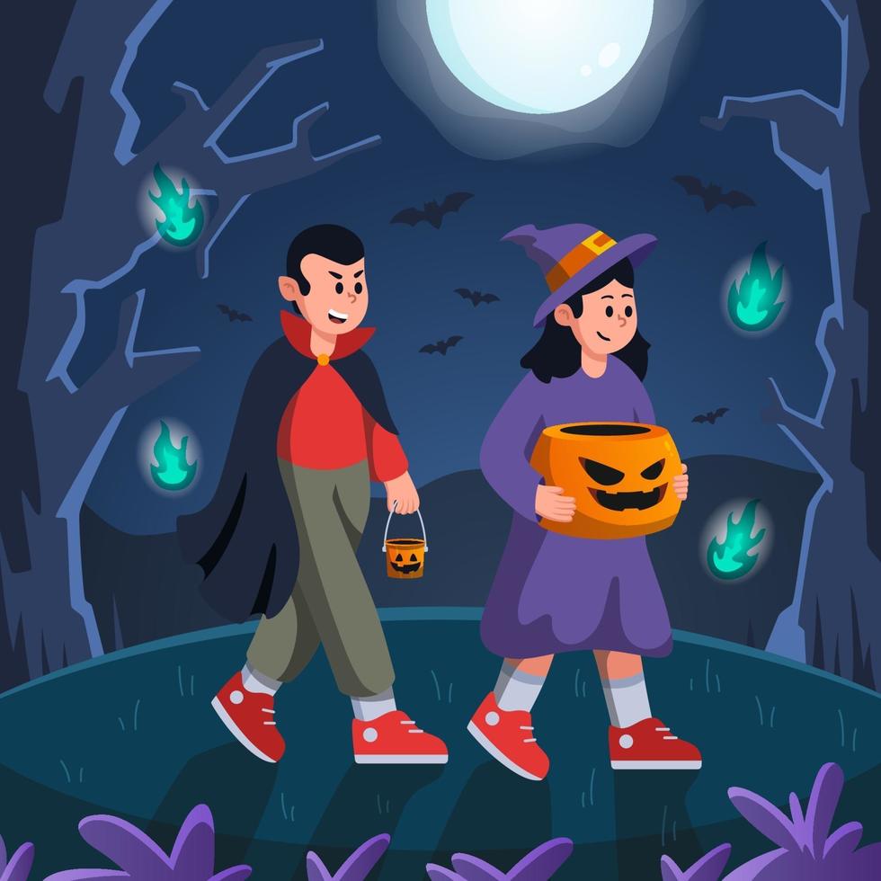 truco o trato para niños en la noche de halloween vector