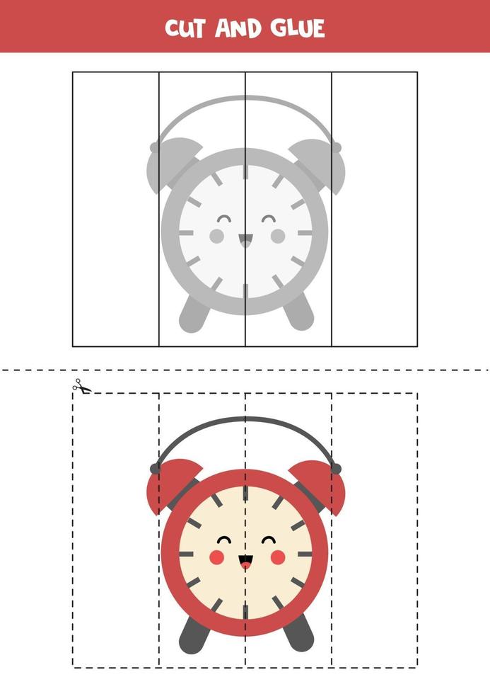 Cut and glue game for kids. Cute red alarm clock. vector
