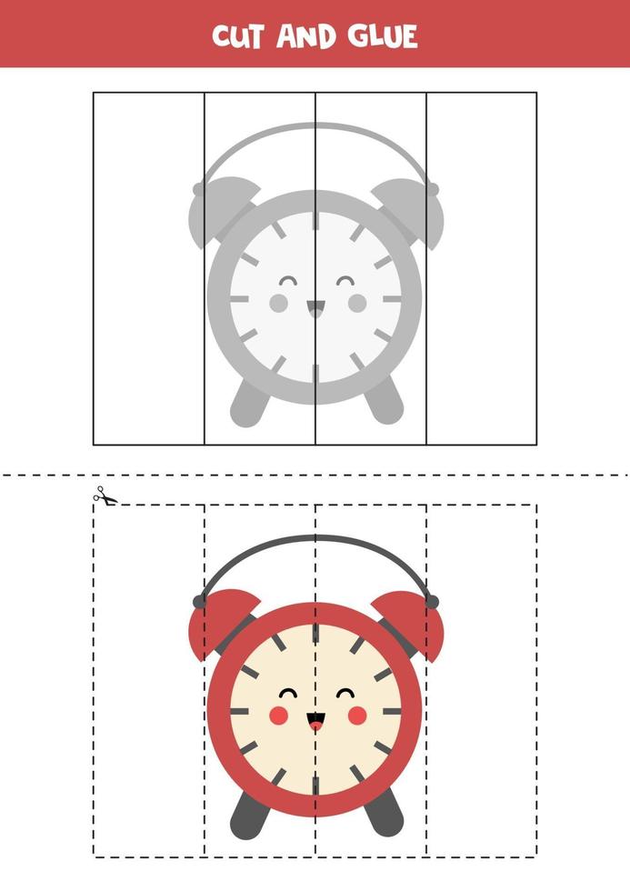 Cut and glue game for kids. Cute red alarm clock. vector