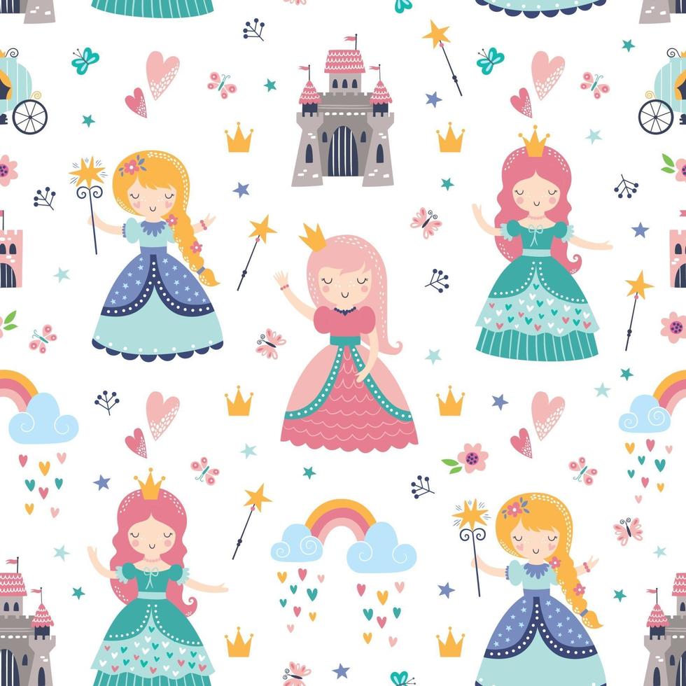Childish seamless pattern with princess, castle, carriage vector
