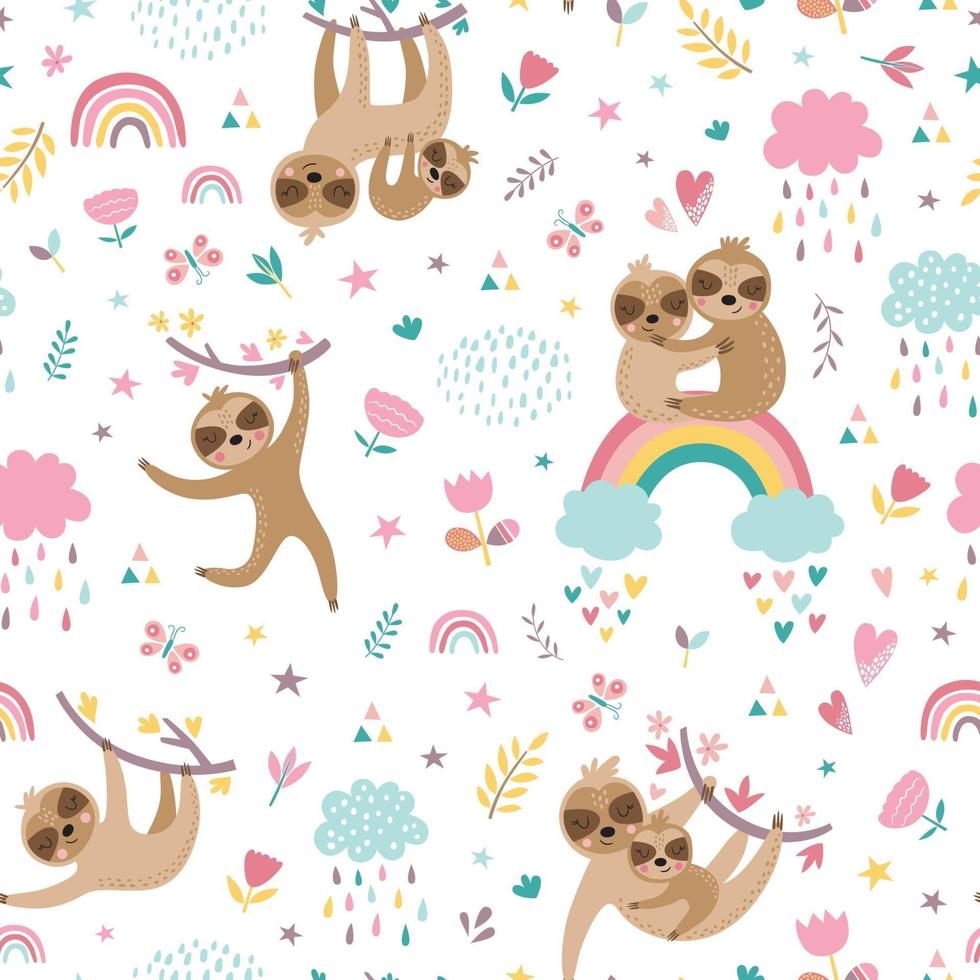 Childish seamless pattern with cute sloths. vector