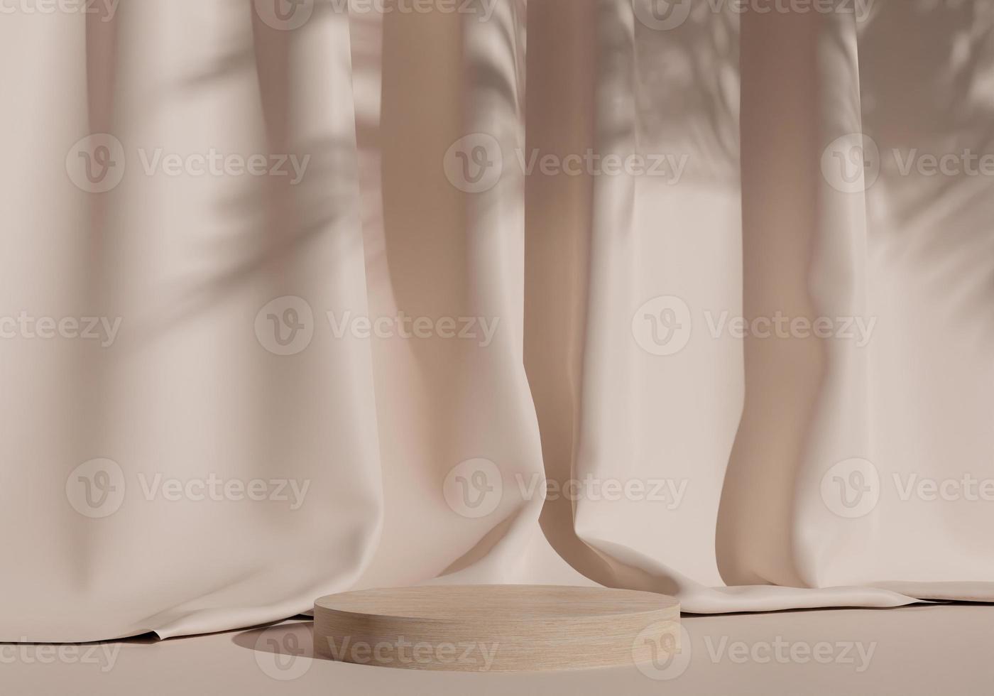 Wooden product display podium with fabric background. 3D rendering photo