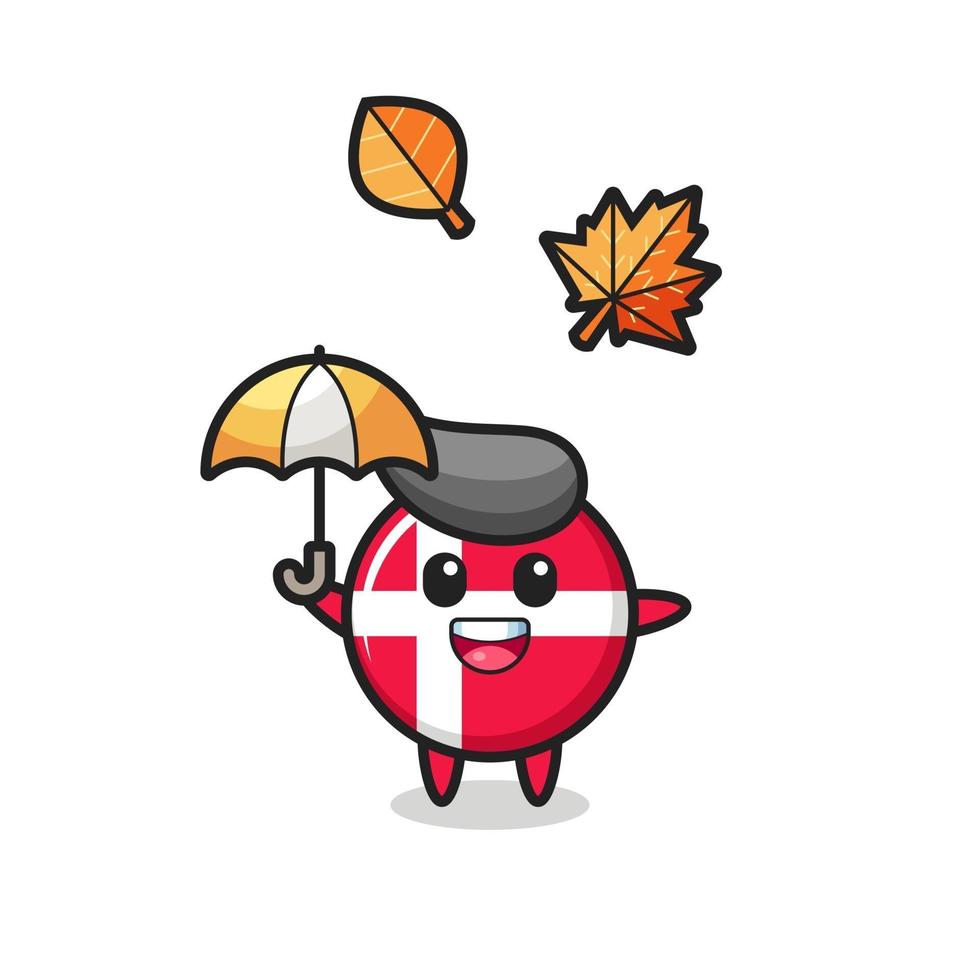 cartoon of the cute denmark flag badge holding an umbrella in autumn vector