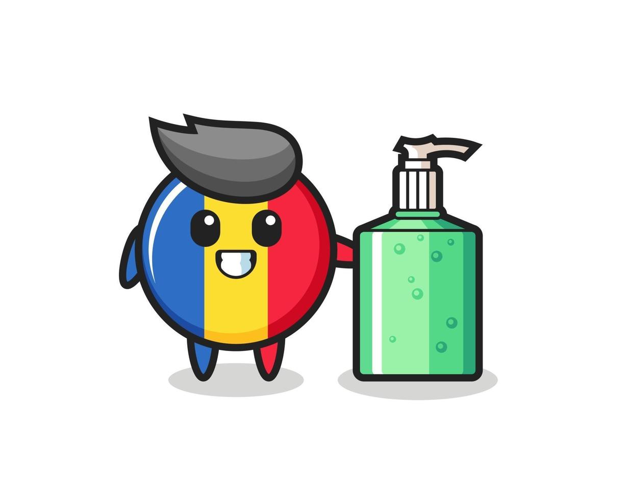 cute romania flag badge cartoon with hand sanitizer vector