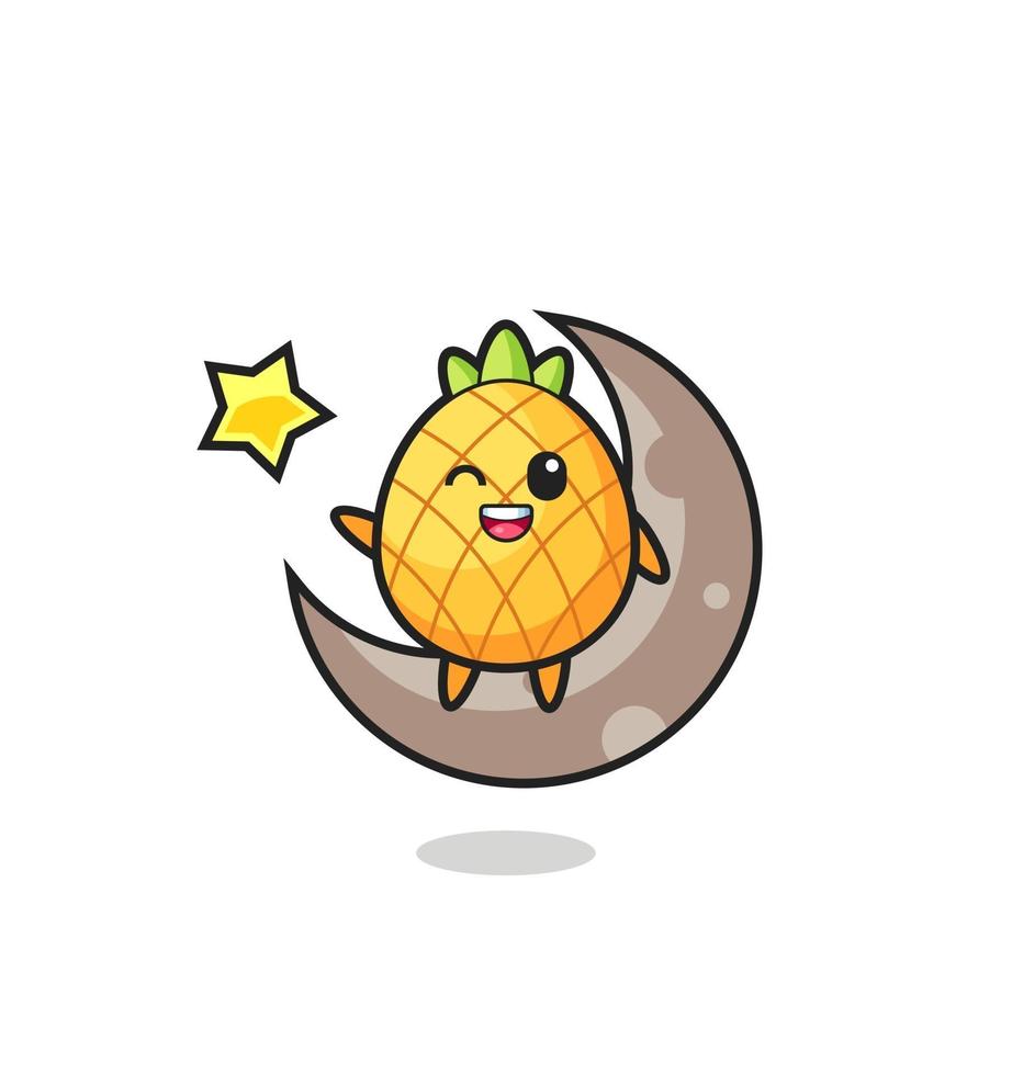 illustration of pineapple cartoon sitting on the half moon vector