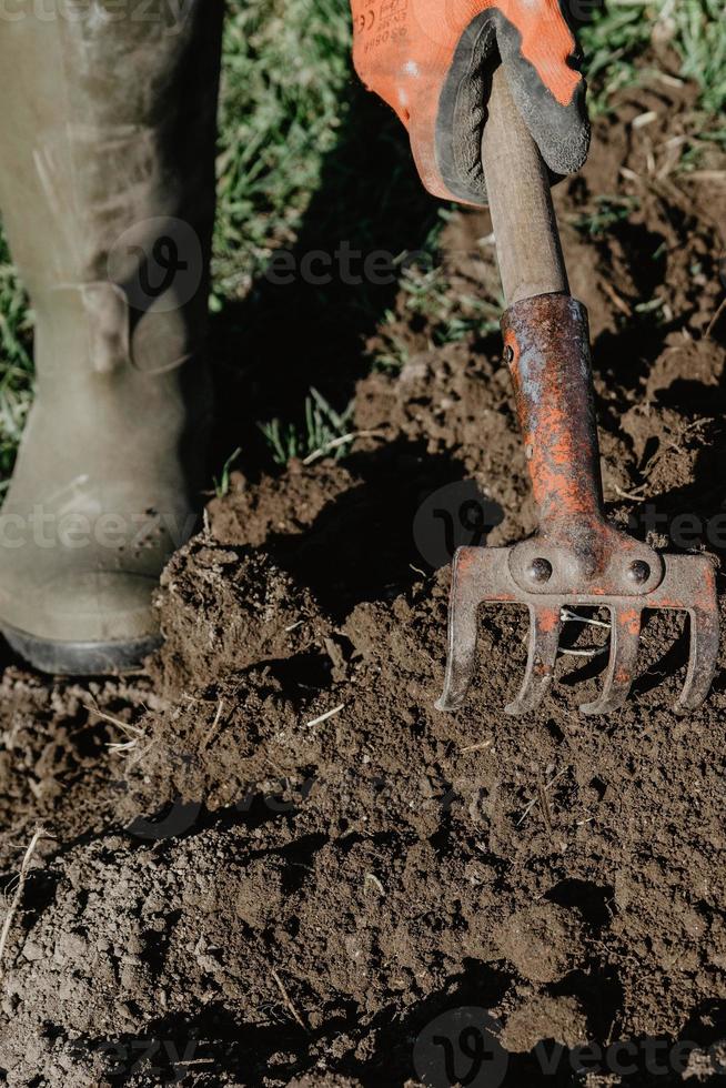 Farmer prepares land for planting with plough tool in spring. photo