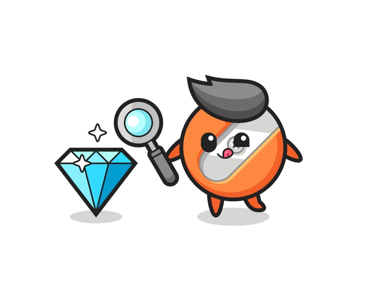 pencil sharpener mascot is checking the authenticity of a diamond vector