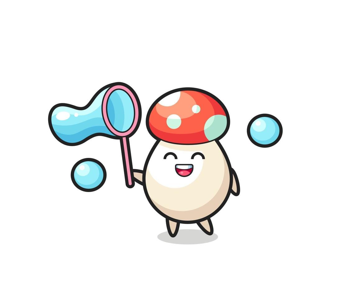 happy mushroom cartoon playing soap bubble vector