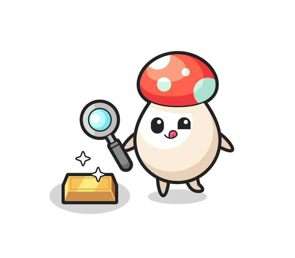 mushroom character is checking the authenticity of the gold bullion vector