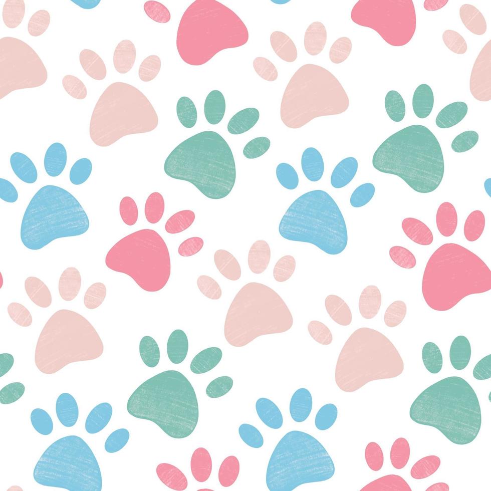 Cute bright seamless pattern with crayon pencil textured pet paw vector