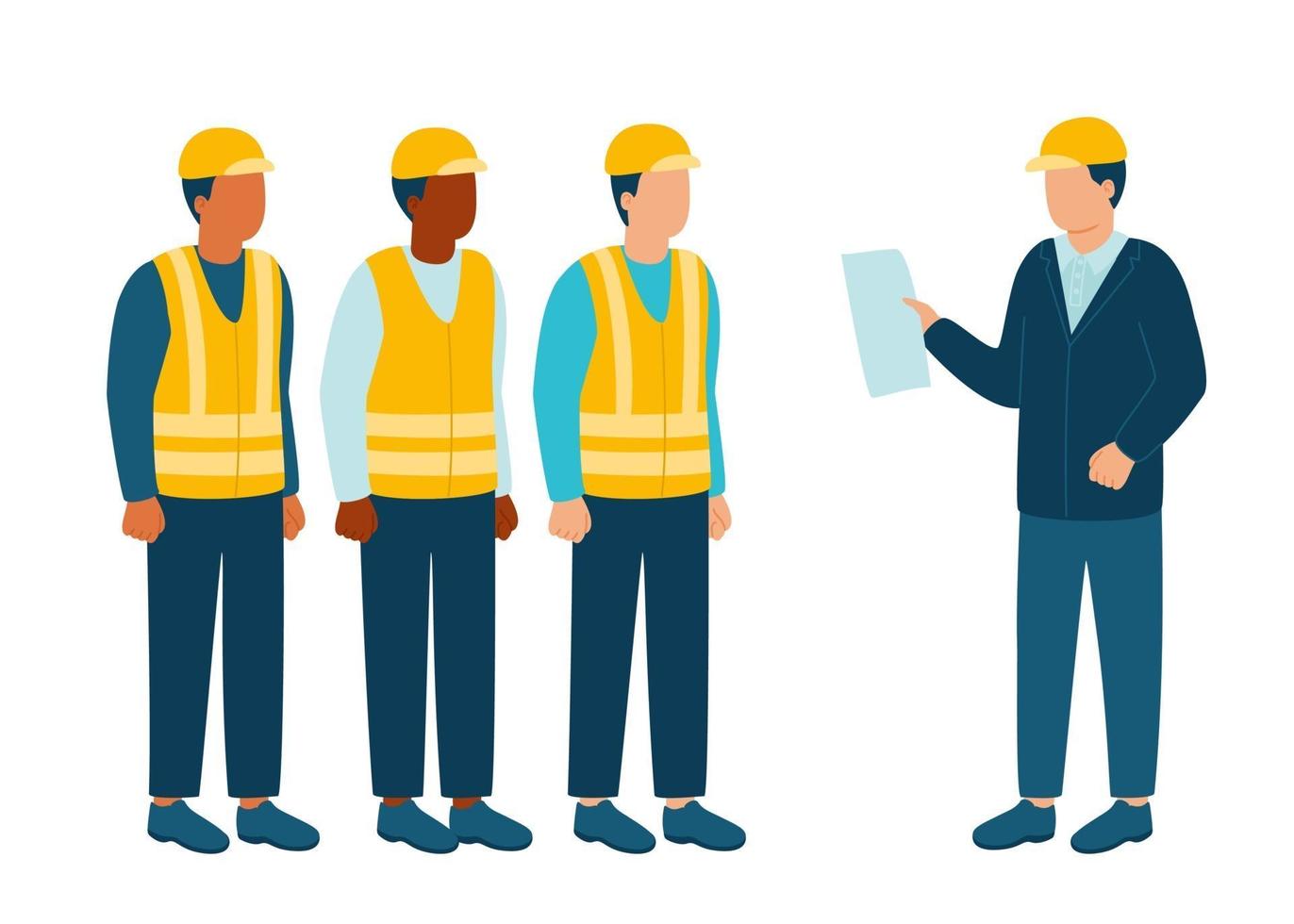 Build industry architect, engineer communicate with builder in helmet vector