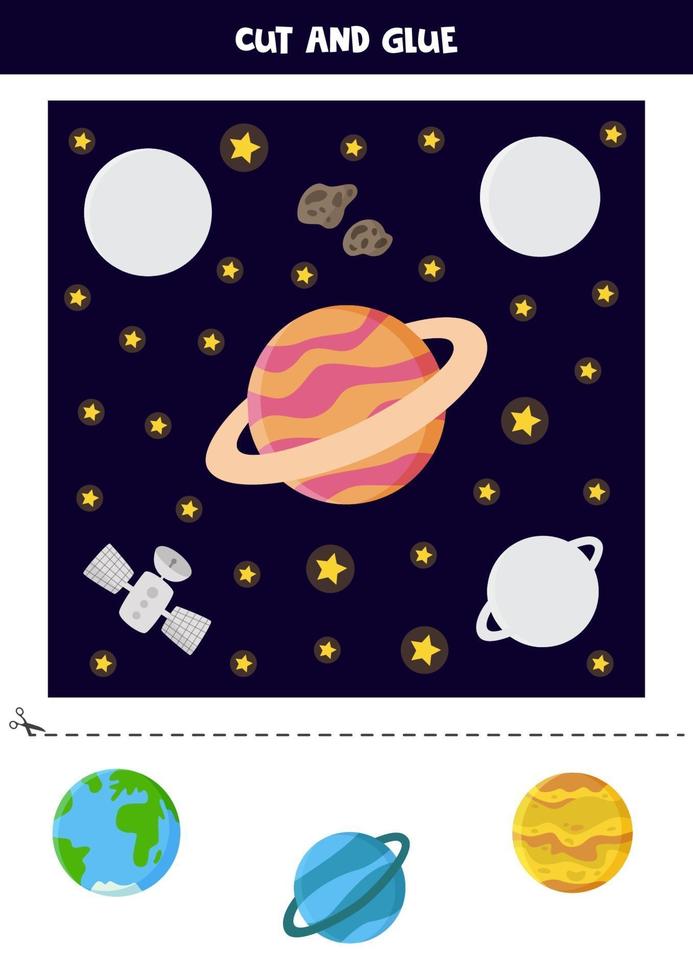 Cut out pictures and glue them into right places. Space worksheet. vector