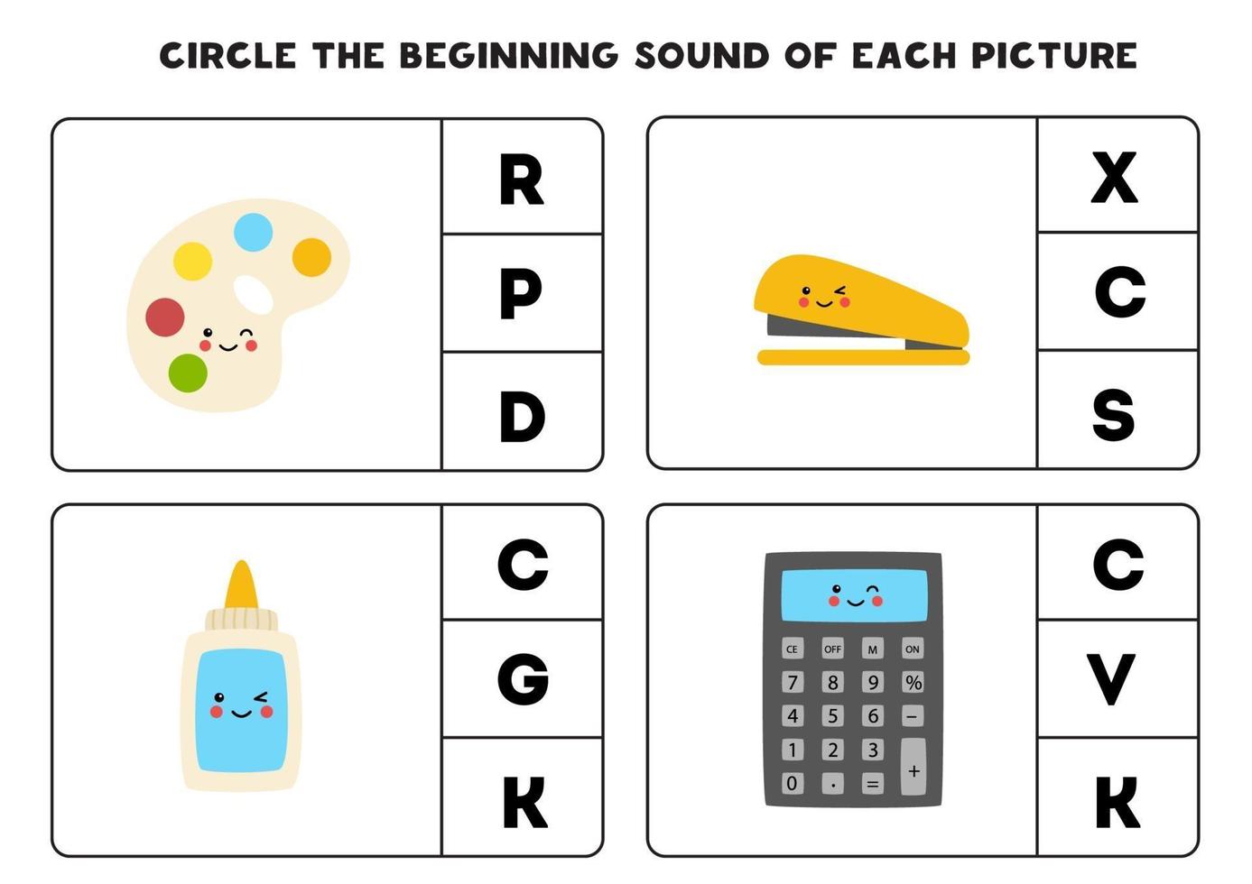 Worksheet for kids. Find the beginning sound. School supplies. vector