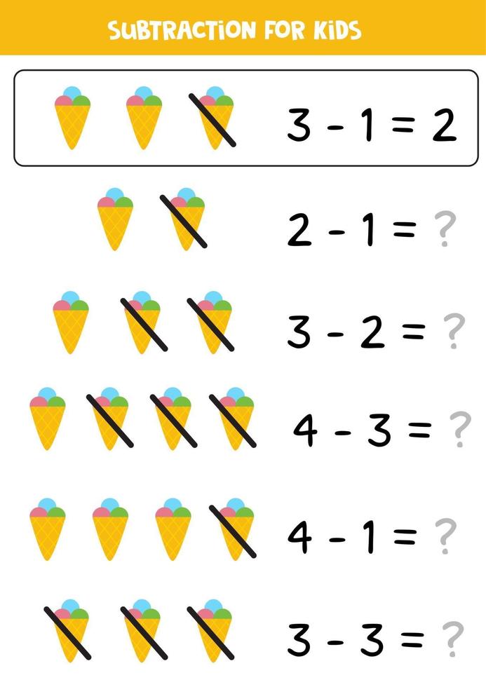 Subtraction with cute ice cream. Educational math game for kids. vector