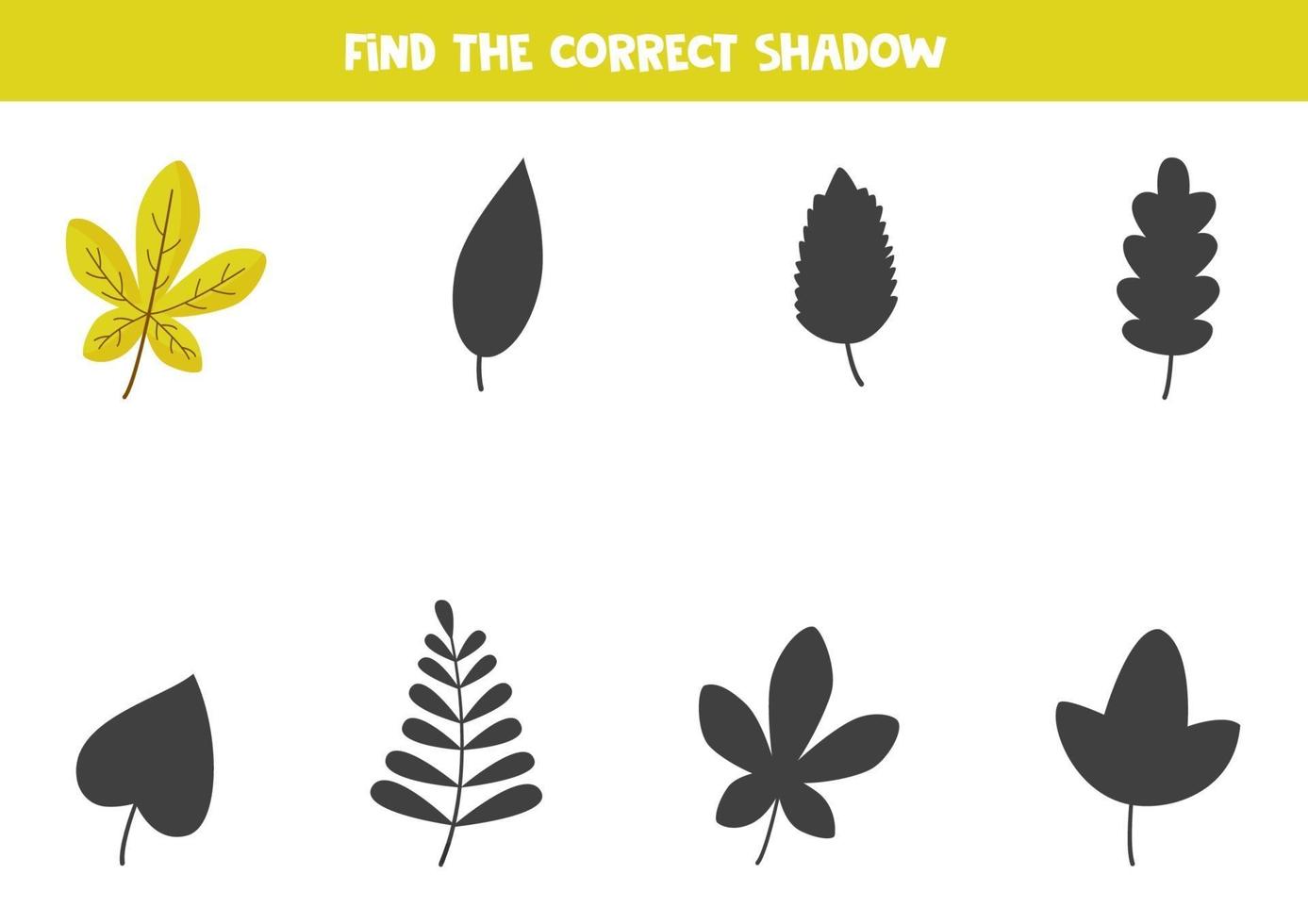 Find the correct shadow of cute autumn leaf. Logical puzzle for kids. vector