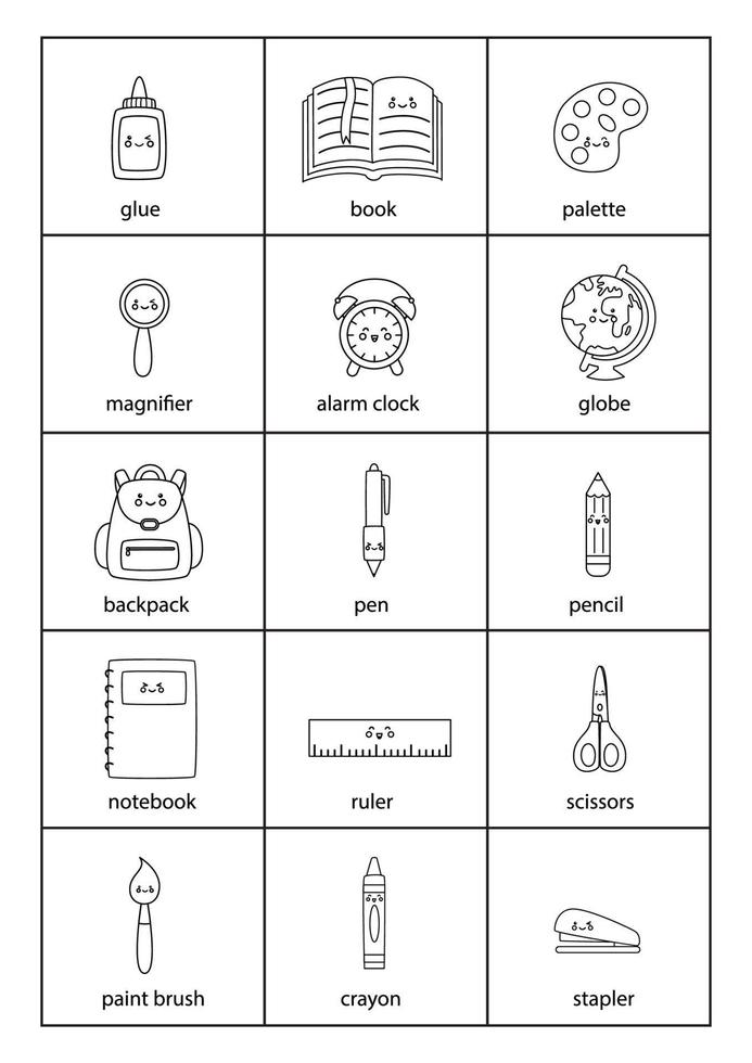 conjunto de útiles escolares en blanco y negro con nombres en inglés. vector